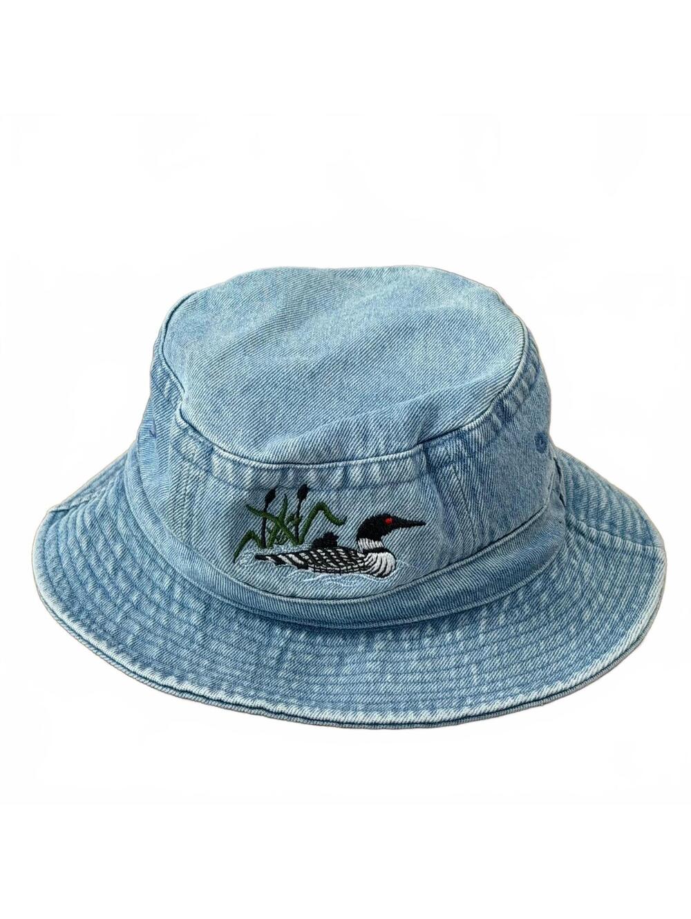 Vintage 1990s Adams Denim Bucket Hat Embroidered Loon Congdon 1998 Lake Cabin